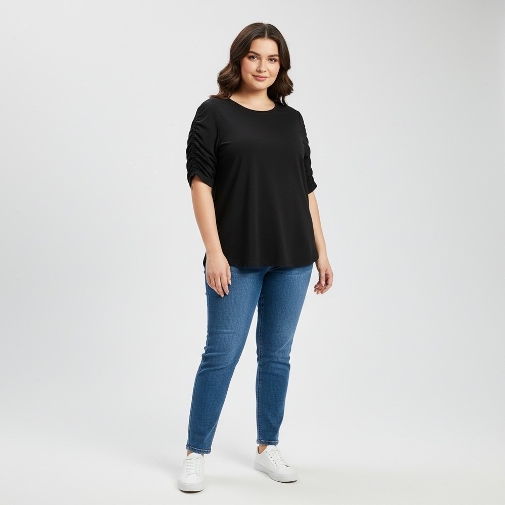 Time and Tru Black Ruched Sleeve Crew Neck Top XL 16-18 TT35100134534